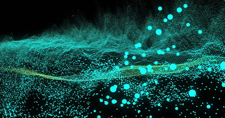 Wall Mural - Image of green glowing mesh waving on black background