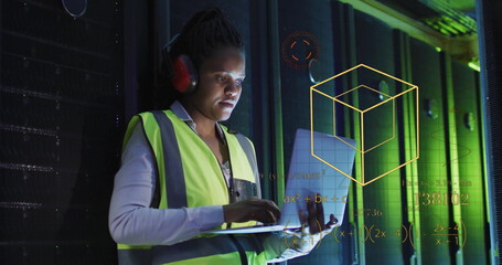 Poster - Image of scientific data processing over african american female it technician by servers