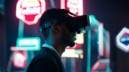 Aufkleber - A man wearing a virtual reality headset walks through a city lit up with neon signs.