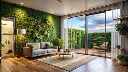 Wall Mural - Cozy living room with glass door opening to balcony with vertical garden, cozy, living room, glass door, balcony