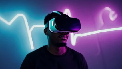 Leinwandbilder - A man wearing a VR headset stands in front of a wall with neon lights.