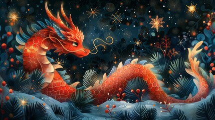 Wall Mural - Cartoon 2024 New Year's card Dragon illustration set happy new year and christmas childish invitation