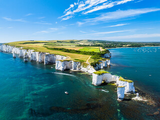 White Cliffs of Old Harry Rocks Jurassic Coast from a drone, Dorset Coast, Poole, England	