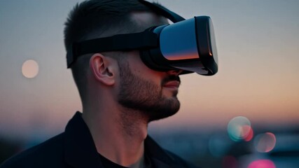 Poster - A man wearing a virtual reality headset looks into the distance with a cityscape blurred in the background.