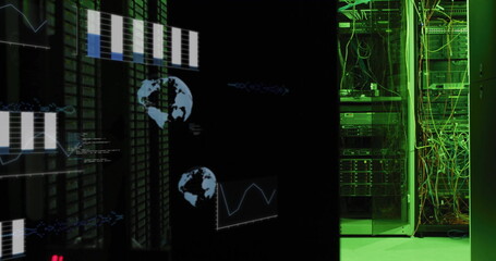 Sticker - Image of data processing and diagrams with globes over server room