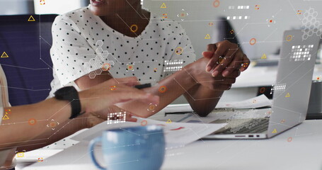 Poster - Image of processing data over happy diverse female colleagues using laptop at casual office