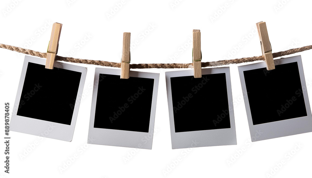 Four blank instant photo frames hanging on a rope, isolated on ...