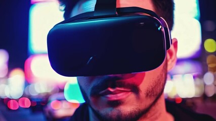 Poster - A man wearing a VR headset stands in front of a blurred background of city lights.