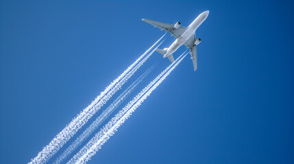 飛行機雲を引きながら紺碧の青空を飛行する旅客機をリアルに描いたAI生成画像