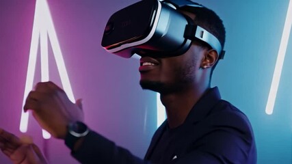 Poster - A man wearing a virtual reality headset looks up at neon lights in a dimly lit room.