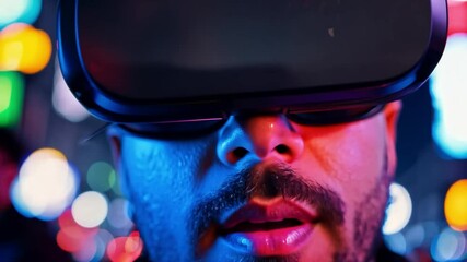Poster - A man with a beard wears a VR headset, illuminated by vibrant neon lights in the background.