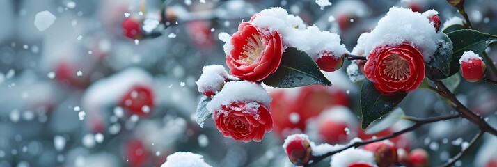 Poster - A camellia shrub with red and white blossoms dusted with snow. The petals are slightly open, revealing the delicate interiors, and the snow accentuates their vibrant colors