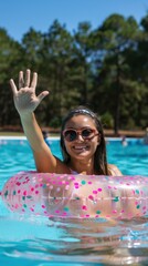 Poster - Girl in a pink polka dot pool float waving. AI.