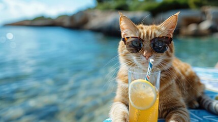 Canvas Print - Cat wearing sunglasses and drinking a cocktail by the sea. AI.