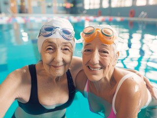 Sticker - Two elderly female friends in swimsuits and goggles smile at the camera while swimming in a pool. AI.