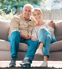 Poster - Mature, couple and relax with portrait on sofa with love or support, embrace and affection with care for bonding. Senior, man and woman on porch outdoor for lounge on retirement, happy and home.