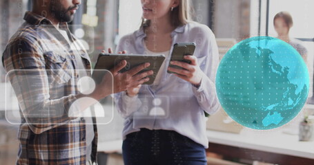 Canvas Print - Image of globe and data processing over diverse business people in office