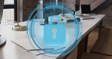 Sticker - Image of digital padlock icon and data processing over desks in office