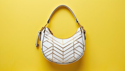 aesthetic white and gold shoulder bag in yellow backgr background