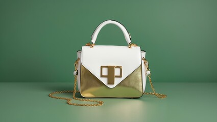 aesthetic white and gold shoulder bag in green backgro background