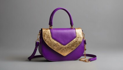 aesthetic purple and gold shoulder bag in grey backgro background