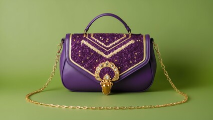 aesthetic purple and gold shoulder bag in green backgr background