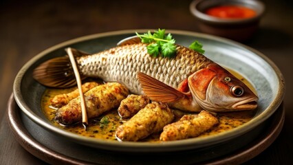 Wall Mural -  Deliciously cooked fish with a side of crispy garlic bread