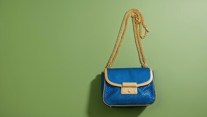 aesthetic blue and gold shoulder bag in green backgrou background