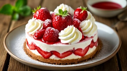 Wall Mural -  Deliciously fresh strawberry cheesecake ready to be savored