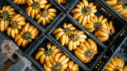 Wall Mural - Banana storage. Set of bananas in boxes. Top view. Free copy space.