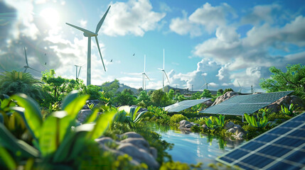 Wall Mural - 3D rendering of a green energy background with wind turbines solar panels and lush green landscapes bright blue skies natural lighting representing sustainable energy