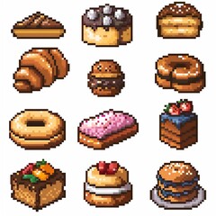 A delectable assortment of pixelated pastries and desserts in various flavors and toppings.