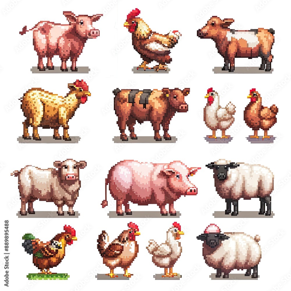 Adorable Farm Animals in Pixel Art Style Stock Illustration | Adobe Stock