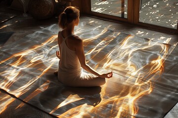 Wall Mural - Woman Meditating on a Yoga Mat With Sunbeams Streaming Through a Window