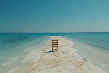 Poster - Scenic beach with a lone chair on white sand capturing solitude and natural beauty in a serene and minimalistic setting