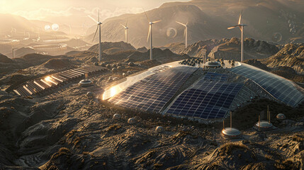 Photorealistic depiction of a solar panel farm built on a landfill with adjacent wind turbines emphasizing environmentally friendly installation bright and sunny detailed surroundings