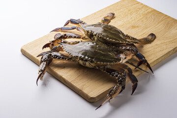 Wall Mural - Close up of two raw blue crabs on wood cutting board and white floor, South Korea
