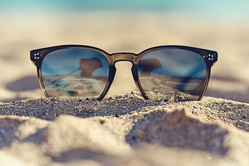 Poster - Stylish sunglasses on sandy beach with ocean in the background capturing summer fashion and relaxation in a vibrant and sunny setting