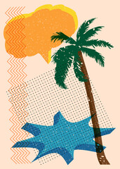 Sticker - Risograph Palm Tree with speech bubble with geometric shapes. Objects in trendy riso graph print texture style design with geometry elements.