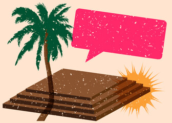 Risograph Palm Tree with speech bubble with geometric shapes. Objects in trendy riso graph print texture style design with geometry elements.