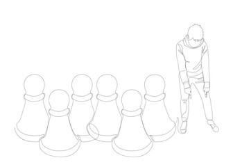 Wall Mural - One continuous line of Man pointing with finger at pawn, chess piece. Thin Line Illustration vector concept. Contour Drawing Creative ideas.