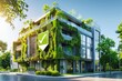 © grey - A building with a certificate of eco-friendly practices and a green tick icon