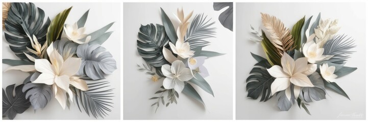 Wall Mural - Elegant floral arrangement featuring delicate flowers and tropical leaves on a white background. Perfect for nature-inspired designs and decor.