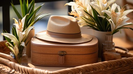 Sticker - Wooden jewelry box. Product photograph with white cloth and a houseplant 