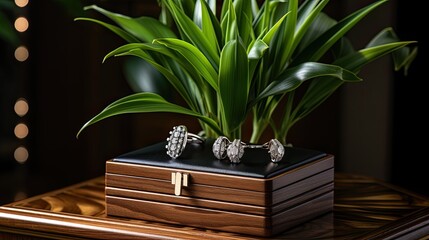 Sticker - Wooden jewelry box. Product photograph with white cloth and a houseplant. 