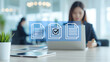 © ontsunan - Businesswoman at desk with digital document icons reviewing tasks, Office document approval.