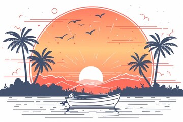 Canvas Print - Tropical sunset with palm trees and ocean view in a tranquil serene illustration