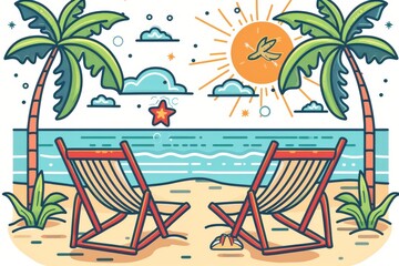 Sticker - Relaxing beach view with palm trees chairs and ocean in a serene inviting illustration