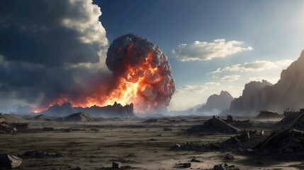 Wall Mural - a volcanic eruption engulfs the desert landscape. ai.