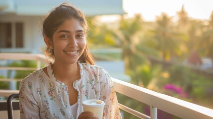 Wall Mural - A young woman is enjoying a cup of coffee in the morning sun. AI.